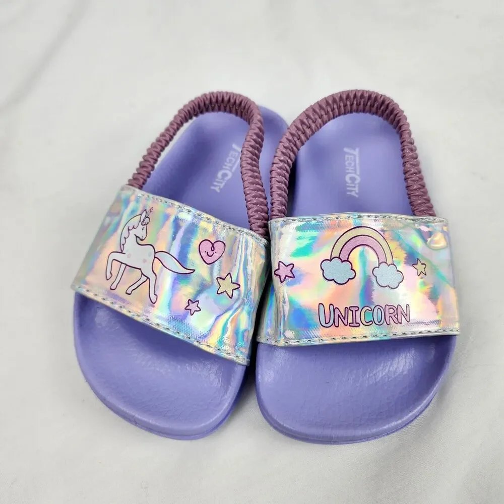 Girls Size 9.5-10 Kids Unicorn Sandals with Strap Slip-On Silver Iridescent NEW
